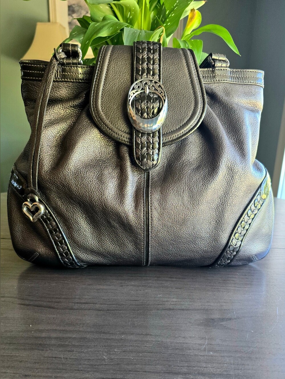 Brighton Evan Metallic Pewter Pebbled Leather Shoulder Bag
